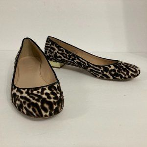 J CREW Leopard Shoes Size 8.5 Low Block Gold Heels Round Toe Animal Glam Preppy